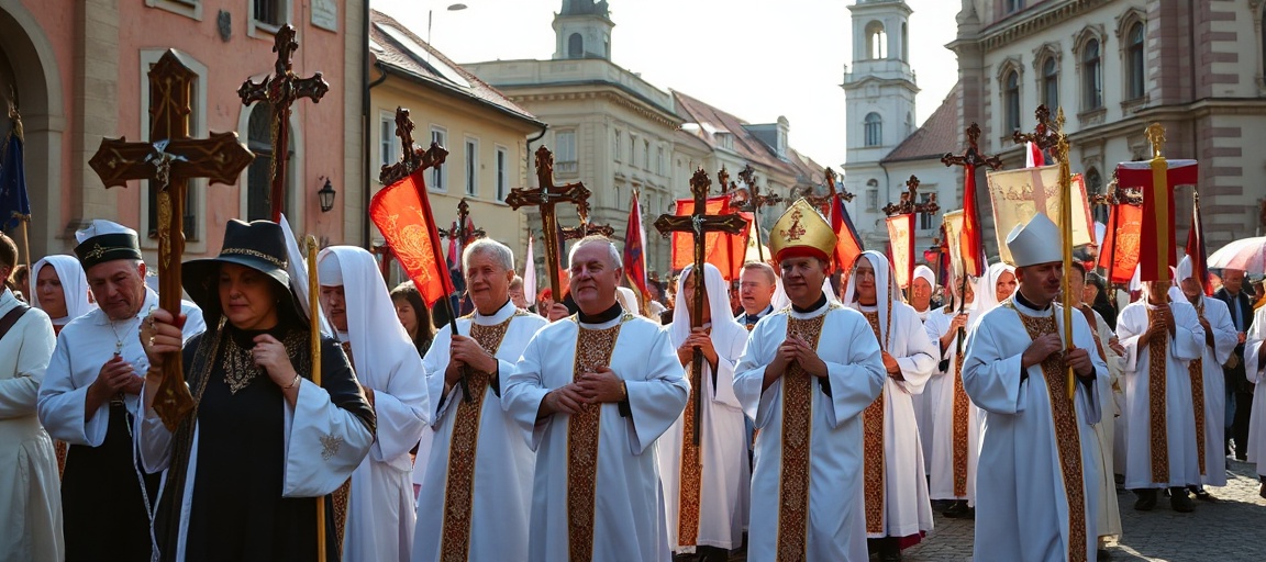 Uroczy obraz XV Marszu dla Życia i Rodziny w Kielcach w 2026 roku. Wierni modlący się w tradycyjnym procesji katolickiej.
