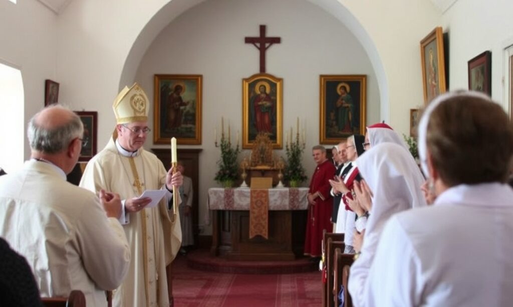 Wnętrze seminarium duchownego w Sandomierzu podczas XXIV Dnia Otwartej Furty. Widoczna jest Msza Święta pod przewodnictwem bp Krzysztofa Nitkiewicza oraz ks. Konrad Fedorowski wygłaszający homilię.
