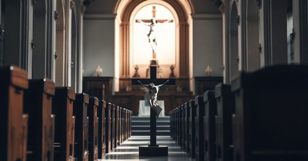 Wnętrze tradycyjnego kościoła katolickiego z krzyżem i pustymi ławkami symbolizującymi apostazję