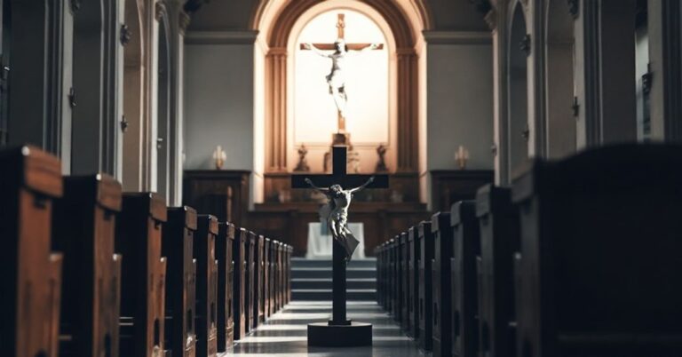 Wnętrze tradycyjnego kościoła katolickiego z krzyżem i pustymi ławkami symbolizującymi apostazję