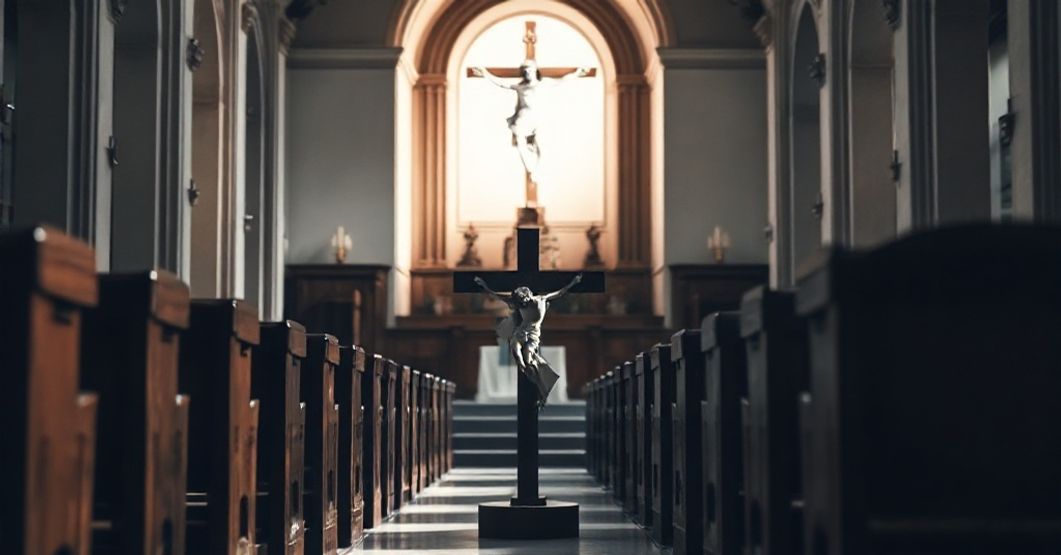 Wnętrze tradycyjnego kościoła katolickiego z krzyżem i pustymi ławkami symbolizującymi apostazję