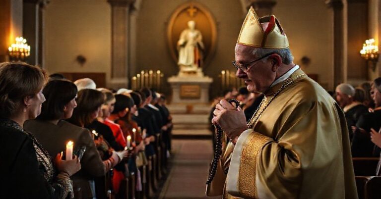 Wnętrze kościoła z grupą ludzi modlących się różańcem pod kierunkiem biskupa w tradycyjnych parapetach. Atmosfera jest poważna, z ciepłym świetłem świec. Akcent kładzie się na biskupie trzymającym różaniec, symbolizującym kontrowersyjne nabożeństwo Miłosierdzia Bożego.