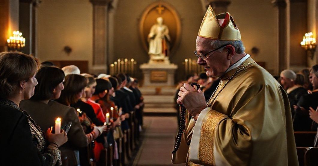 Wnętrze kościoła z grupą ludzi modlących się różańcem pod kierunkiem biskupa w tradycyjnych parapetach. Atmosfera jest poważna, z ciepłym świetłem świec. Akcent kładzie się na biskupie trzymającym różaniec, symbolizującym kontrowersyjne nabożeństwo Miłosierdzia Bożego.