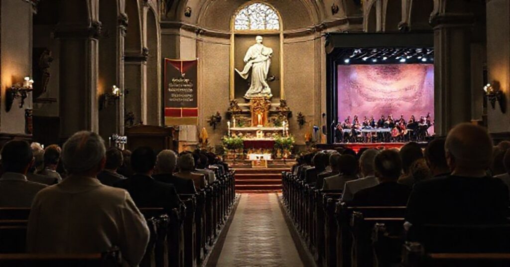 Obraz przedstawiający tradycyjną mszę katolicką w historycznym kościele z kontrastem elementów modernistycznych takimi jak transparent na XXV Dzień Papieski i odległa scena koncertowa. Scena przenosi duchową pustkę i teologiczne zamieszanie nowoczesnych obchodów.