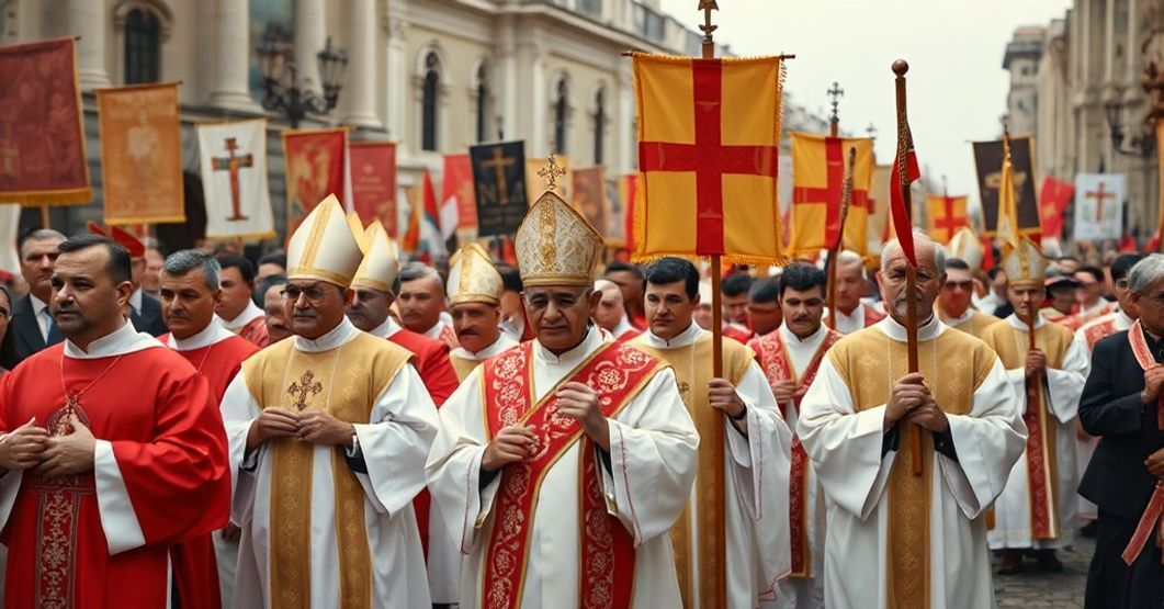 Procesja katolicka z elementami modernistycznymi, przedstawiająca krytykę XXI Dnia Papieskiego
