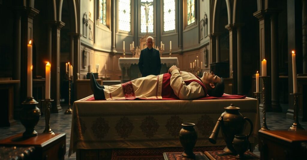 Wnętrze kościoła z leżącym bez życia księdzem w tradycyjnych szatach liturgicznych na ołtarzu, otoczonego dymem od świec i rozrzuconych naczyń sakralnych. Scena uwypukla profanację sakramentu i zabójstwo ks. Grzegorza Dymka.