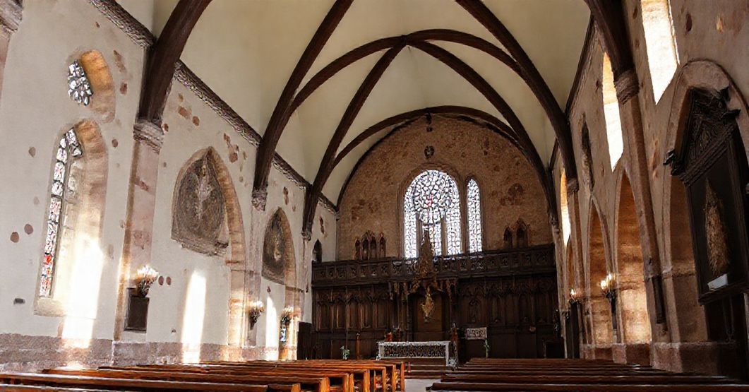 Stary kościół w stylu barokowym z widocznymi śladami starania i zaniedbania, z grupą modlących się wierzących na pierwszym planie i nowoczesnym budynkiem seminarium w tle.