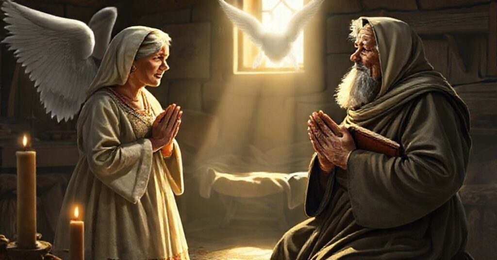 Zdjęcie przedstawia tradycyjne katolickie przedstawienie Zachariasza i Elżbiety podczas cudownego poczęcia Jana Chrzciciela. Scena jest wypełniona głębokim szacunkiem i duchową pokorą.