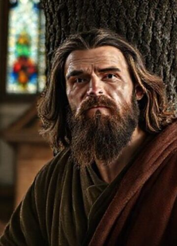 Zdjęcie przedstawiające Zacheusza schodzącego z drzewa w tradycyjnym katolickim kontekście, podkreślające konieczność pokuty i sakramentów.