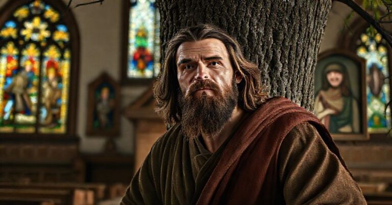 Zdjęcie przedstawiające Zacheusza schodzącego z drzewa w tradycyjnym katolickim kontekście, podkreślające konieczność pokuty i sakramentów.