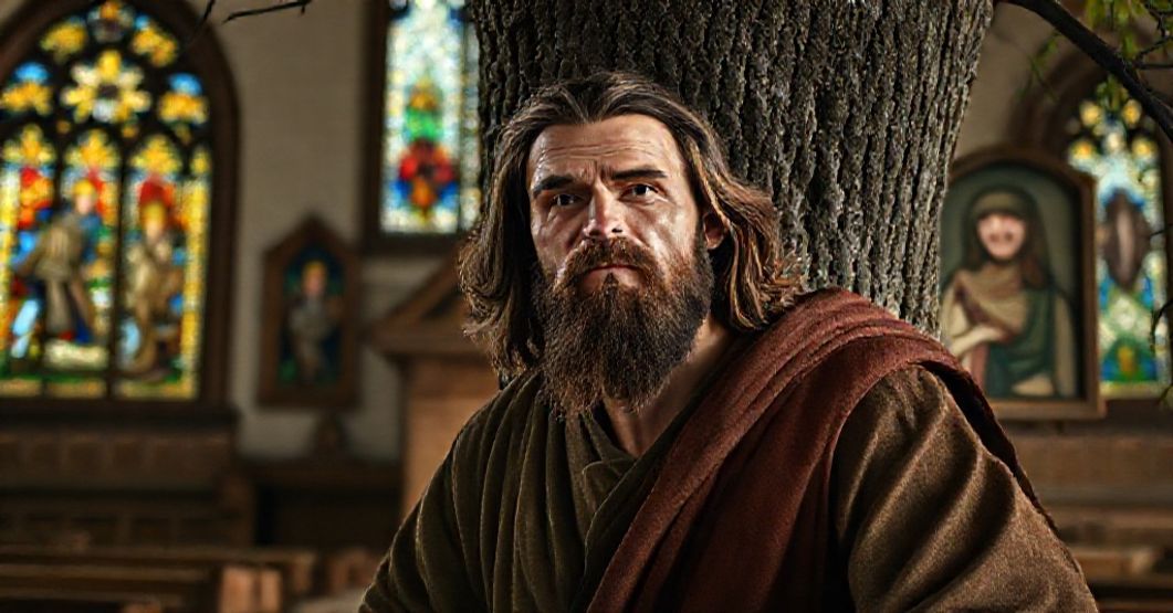 Zdjęcie przedstawiające Zacheusza schodzącego z drzewa w tradycyjnym katolickim kontekście, podkreślające konieczność pokuty i sakramentów.