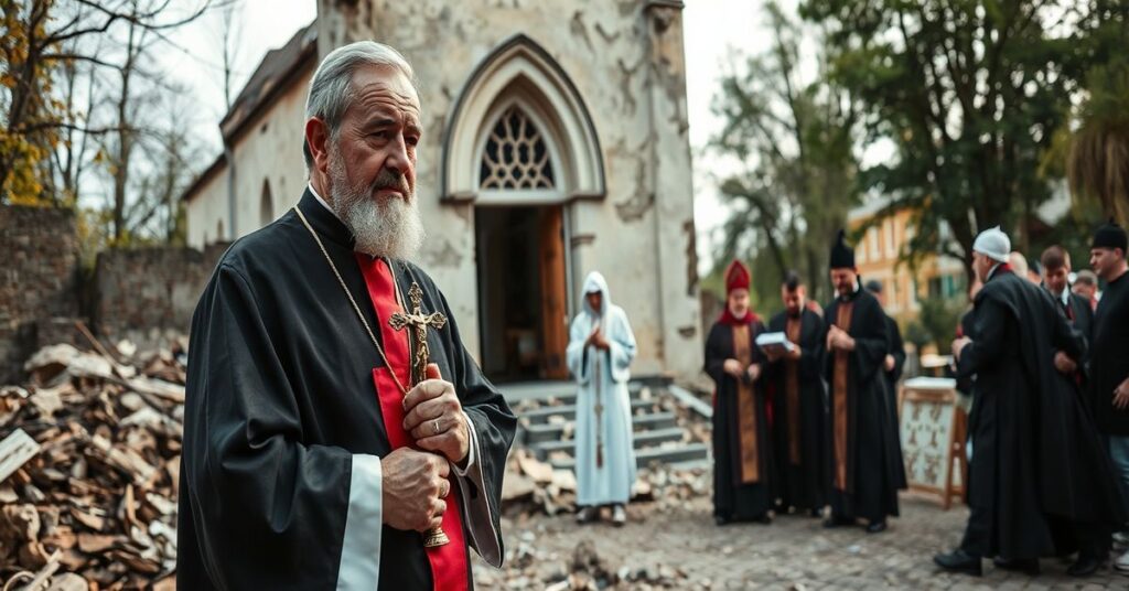 Tradycyjny ksiądz katolicki w ornacie przed ruinami kościoła w Kijowie, obserwujący rozdawanie pomocy materialnej przez modernistycznych "kleryków"