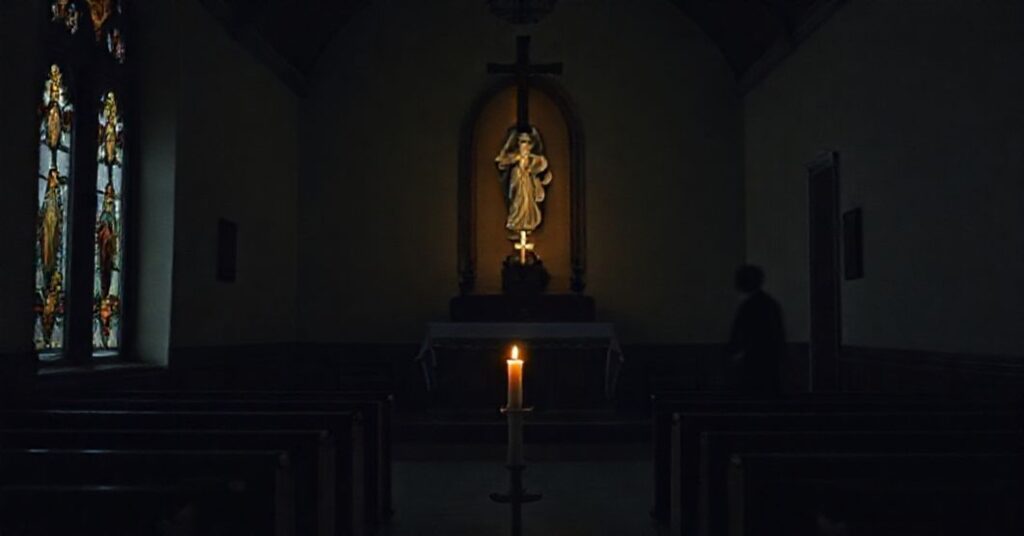 Ciemny wnętrze tradycyjnego kościoła katolickiego z palącym się światłem wotywnym przed posągiem św. Franciszka z Asyżu.