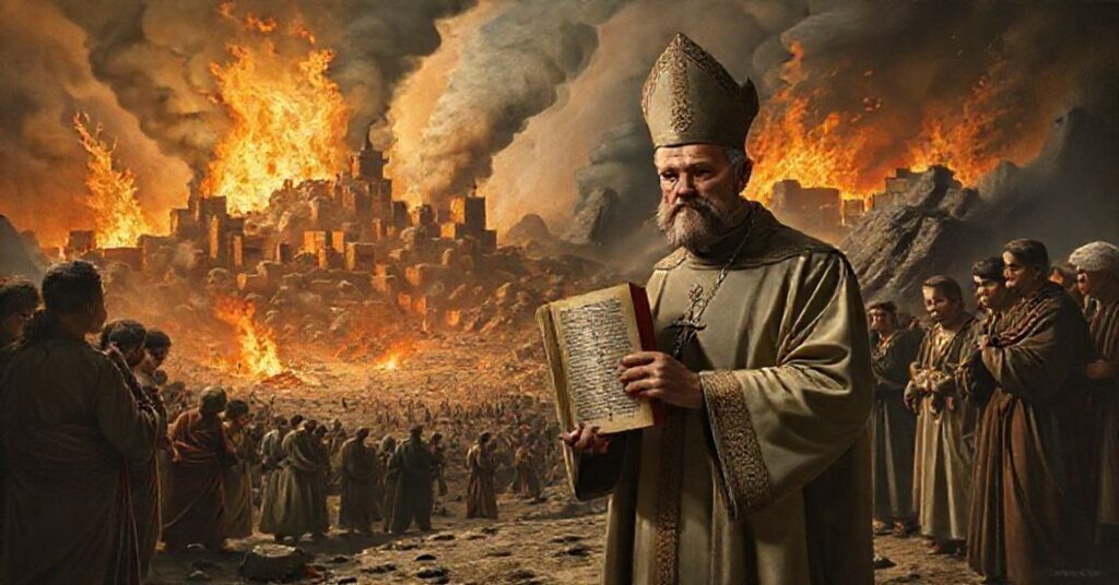 Obraz przedstawiający zagładę Sodomy i Gomory jako karę Bożą z abp Grzegorzem Rysiem trzymającym nowoczesną interpretację Biblii