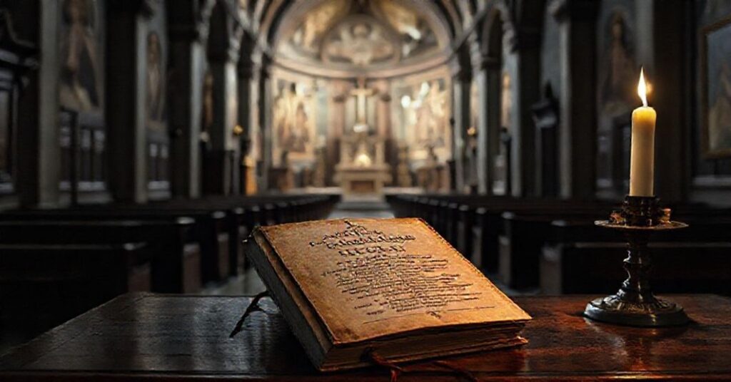 Ciemna tradycyjna wnętrza katolickie z książką Pascendi Dominici Gregis na starym drewnianym stole i zapalonej świecy.