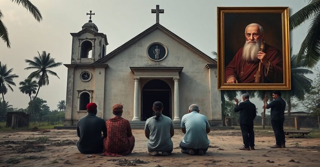 Zaniedbany kościół Świętego Imienia Jezusa w Iswaripurze w Bangladeszu zajęty przez muzułmańską rodzinę, z modlącymi się katolikami na zewnątrz.