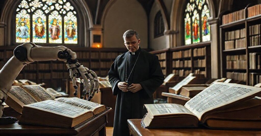 Tradycyjna katolicka biblioteka z robotem skanującym starodruki przy obserwacji zaniepokojonego księdza