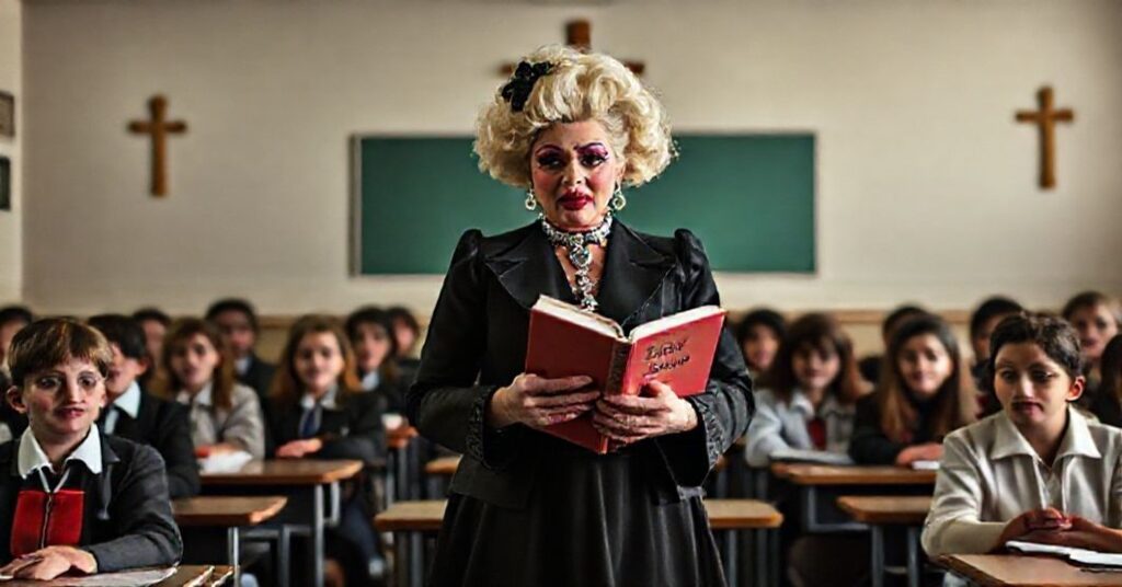 Sobieżna klasa szkolna z uczniami i nauczycielami wyglądającymi smutno podczas występu drag queen w przerywanym kostiumie i makijażu. W tle widoczne krzyże krzyżowe, podkreślające moralny upadek.