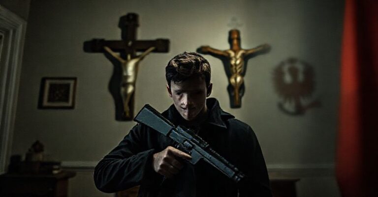 Młody człowiek trzymający broń w ciemnym pomieszczeniu z katolickimi symbolami w tle, symbolizującym zagrożenia wobec prezydenta Karola Nawrockiego i moralny upadek współczesnego społeczeństwa.