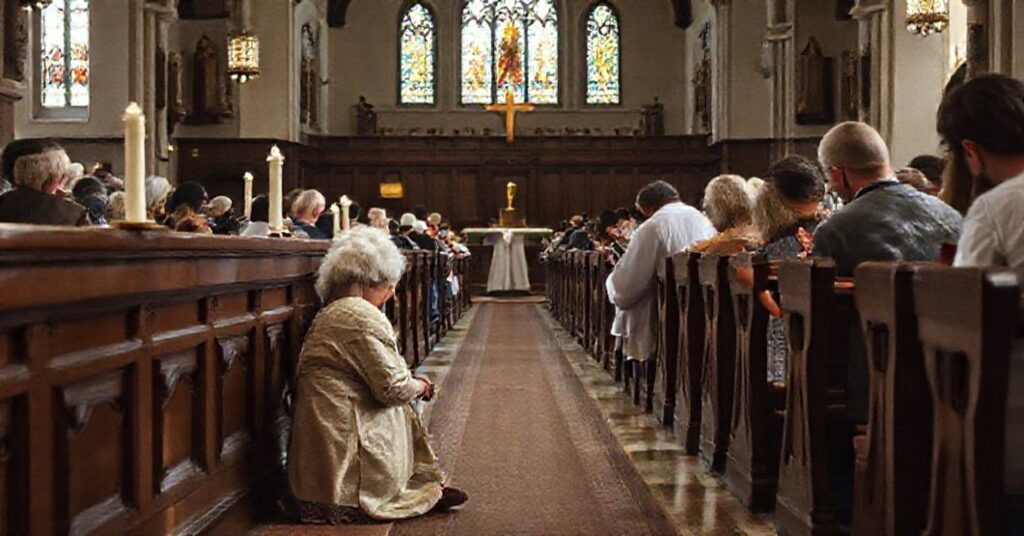 Wnętrze kościoła katolickiego z tradycyjnymi balaskami i klęcznikami, wierni oddani modlitwie przed przyjmowaniem Komunii