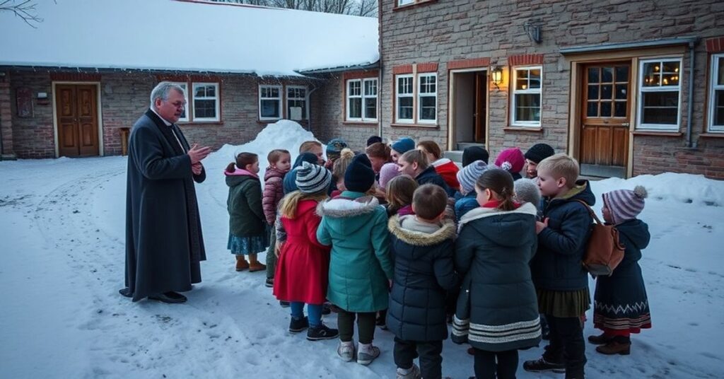 Zamknięta szkoła katolicka w czasie mrozu z grupą osób modlących się w środowisku zimowym
