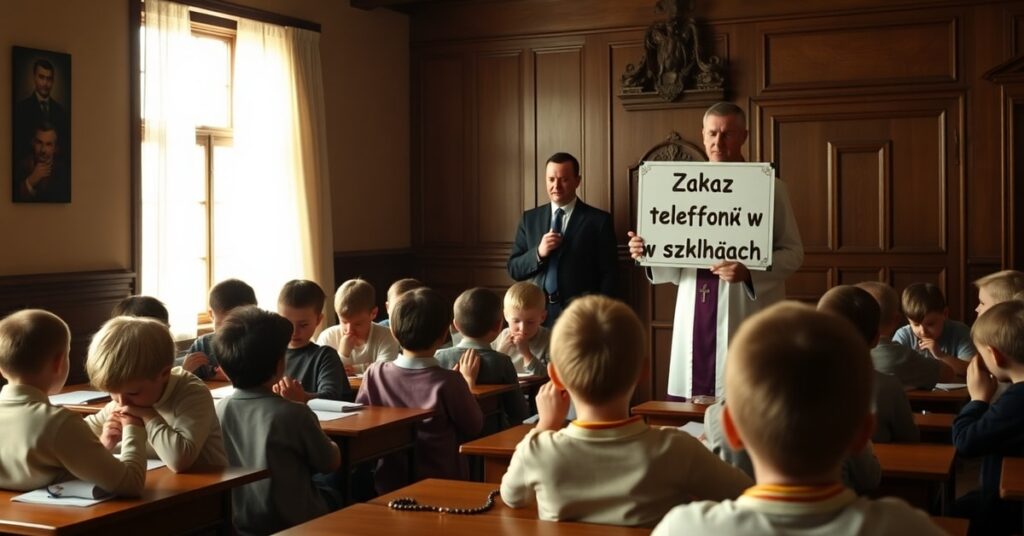 Tradycyjna klasa szkolna z dziećmi modlącymi się różańcem pod kierunkiem księdza w sutannie, podczas gdy urzędnik rządowy trzyma tablicę z napisem 'Zakaz telefonów w szkołach' na tle.