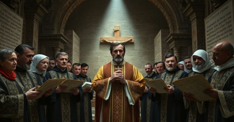 Tradycyjny katolicki obraz przedstawiający Zakon Grobu Świętego z kapłanem w szatach liturgicznych trzymającym krzyż przed pustym grobem Chrystusa