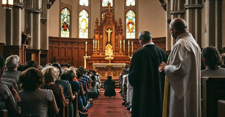 Wierni klękający przed Najświętszym Sakramentem w tradycyjnym kościele katolickim