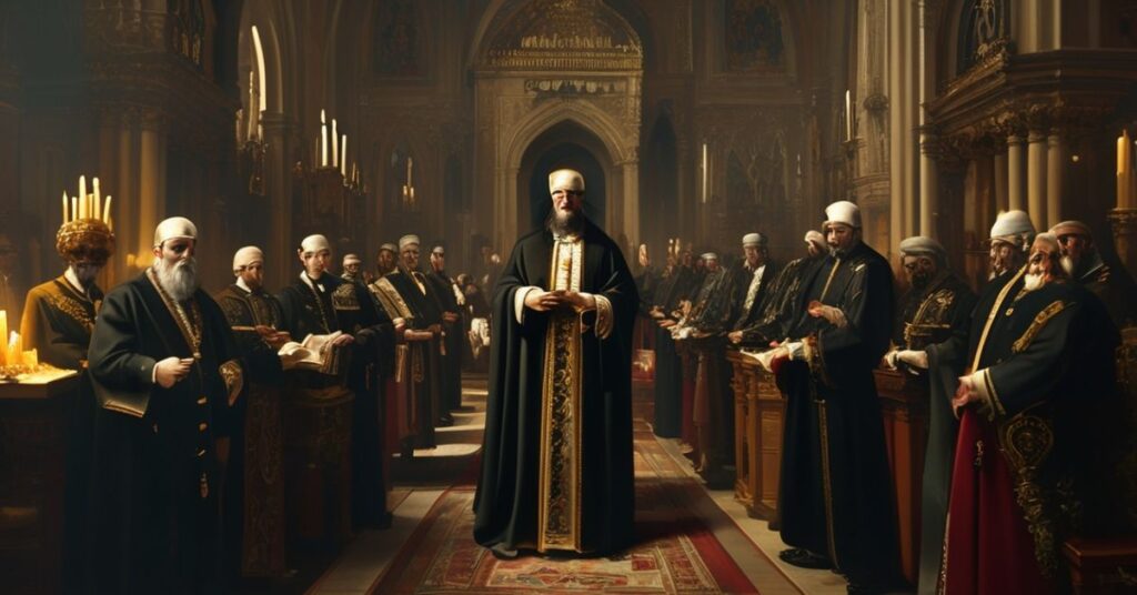 Portret Wielkiego Mistrza Zakonu Maltańskiego w tradycyjnym otoczeniu katolickim z dwuznacznymi dyplomatami na tle. Scena kontrastuje sakrum z profanum.