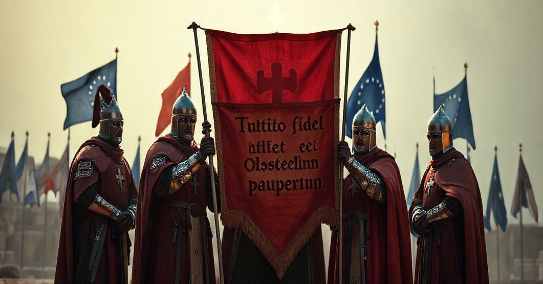 Grupa tradycyjnych katolickich rycerzy w stroju Zakonu Maltańskiego, stojąca w poważnym kręgu z transparentem "Tuitio fidei et Obsequium pauperum", na tle symbole współczesnych kompromisów.