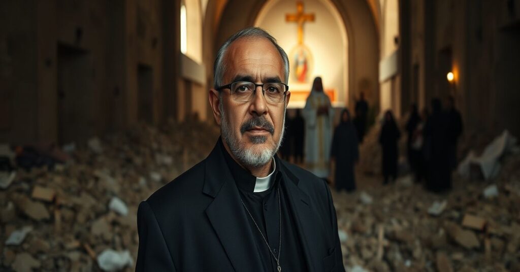 Portret Marwana Sehnaoui, prezesa libańskiego oddziału Zakonu Maltańskiego, wśród ruin bombardowanego kościoła w Libanie. Wokół niego chrześcijańskie wyznawcy szukają schronienia. Na tle trydencka msza święta celebrowana przez tradycyjnego kapłana.