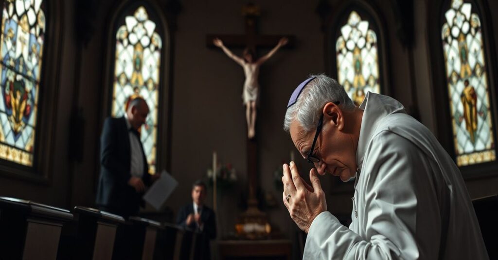 Ksiądz modlący się przed krzyżem w ciemnym kościele z niepokojem na twarzy.