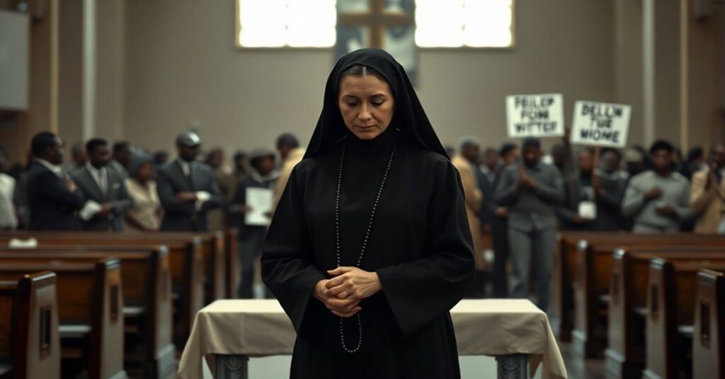 Prawdziwa siostra zakonna w habitach modli się przed ołtarzem podczas gdy na tle widoczne są protesty w Selmie.