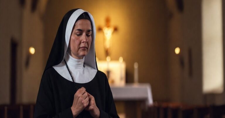 Tradycyjna zakonnica w habicie modli się w kaplicy, trzymając różaniec, otoczona atmosferą pokoju i pobożności. Scena podkreśla znaczenie autentycznego powołania katolickiego.