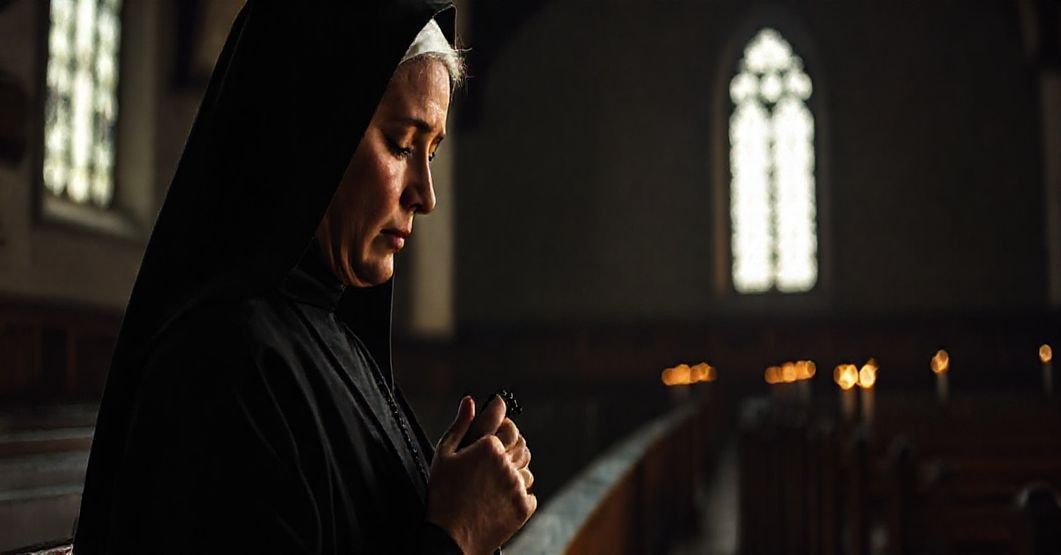 Poczucie smutku i straty u zakonnicy w tradycyjnym habicie podczas modlitwy w pustym kościele, symbolizujące upadek prawdziwego życia zakonnego po Soborze Watykańskim II.