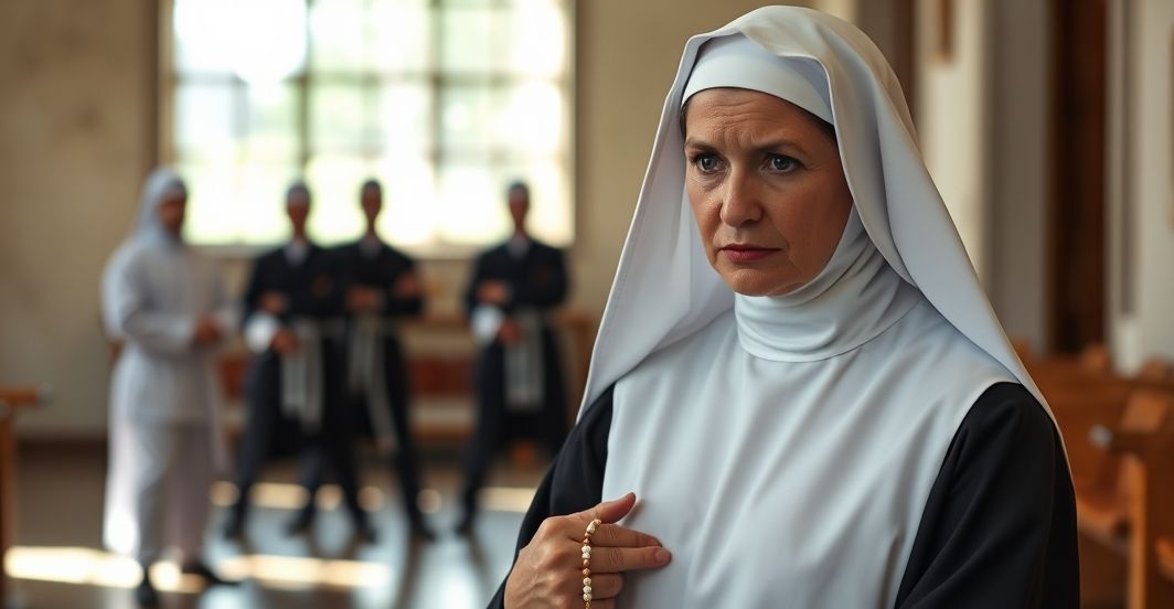 Portret tradycyjnej zakonnej w habitach, trzymającej różaniec w kaplicy, z tłem przedstawiającym nowoczesne zniekształcenie jej powołania