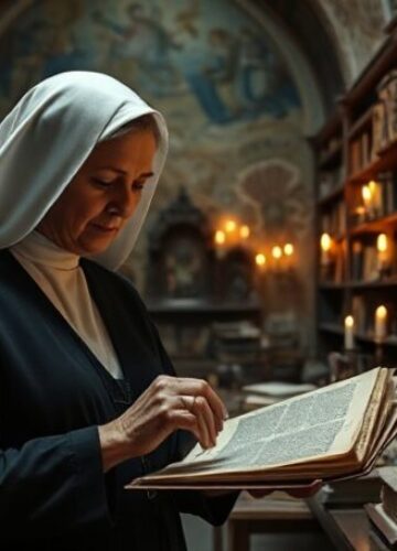 Zakonnica bada archiwa na Jasnej Górze - pamięć czy zapomnienie? Stara zakonnica w tradycyjnym habicie bada stary rękopis w bibliotece klasztornej na Jasnej Górze. Tło przedstawia zniszczone freski i relikwie z czasów przed Soborem Watykańskim II.