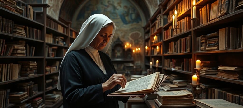 Stara zakonnica w tradycyjnym habicie bada stary rękopis w bibliotece klasztornej na Jasnej Górze. Tło przedstawia zniszczone freski i relikwie z czasów przed Soborem Watykańskim II.