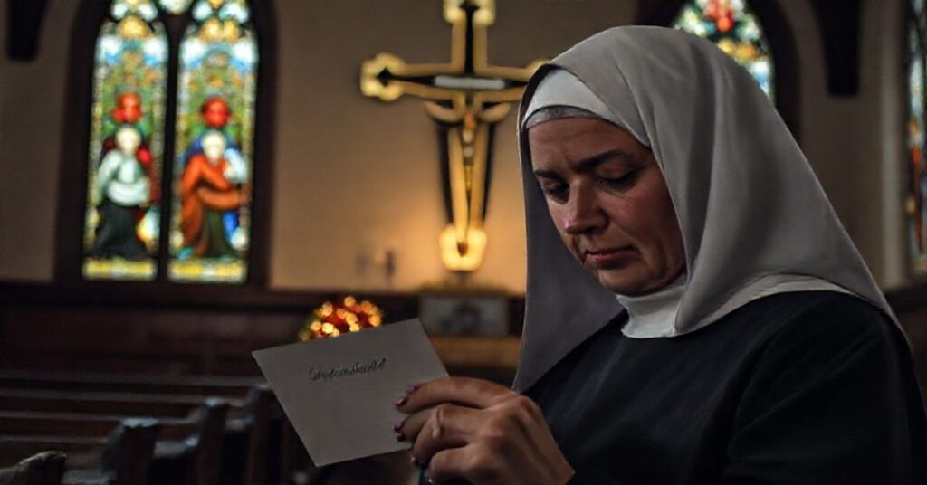 Zdjęcie przedstawiające zakonnice piszącą kartkę do pracowników kliniki aborcyjnej, z tłem tradycyjnego kościoła katolickiego.