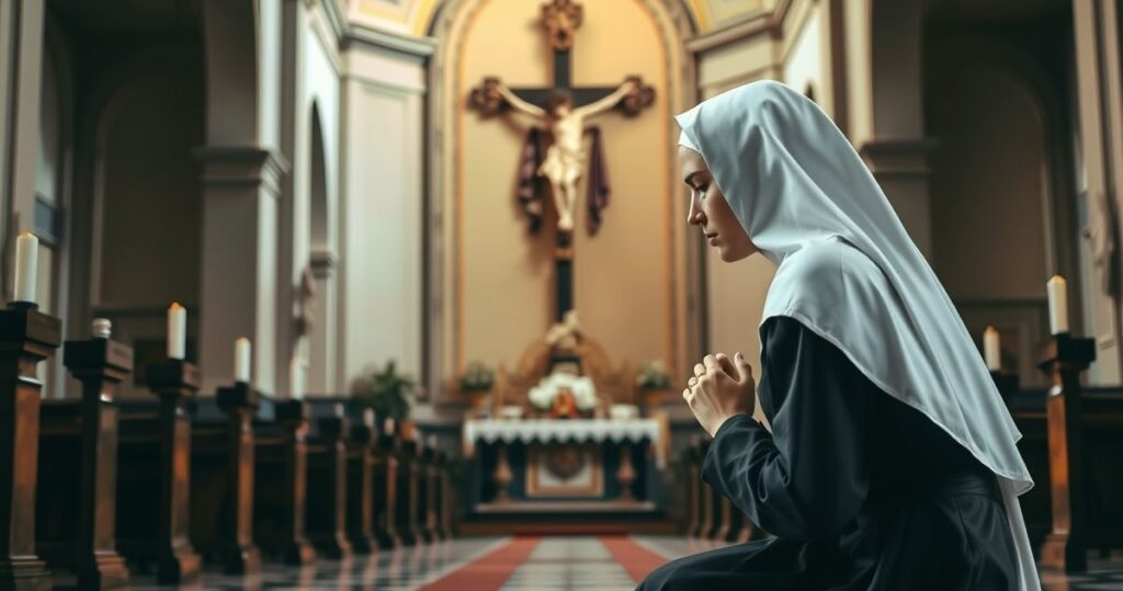 Fotografia realistyczna zakonnicy w habicie modlącej się przed krzyżem w kościele, ukazująca głęboką pobożność i powagę sytuacji religijnej.