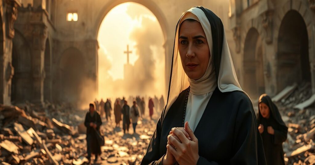 Zdjęcie przedstawiająca zakonnicę w tradycyjnym habitie modlącej się na tle zniszczonego kościoła na Bliskim Wschodzie