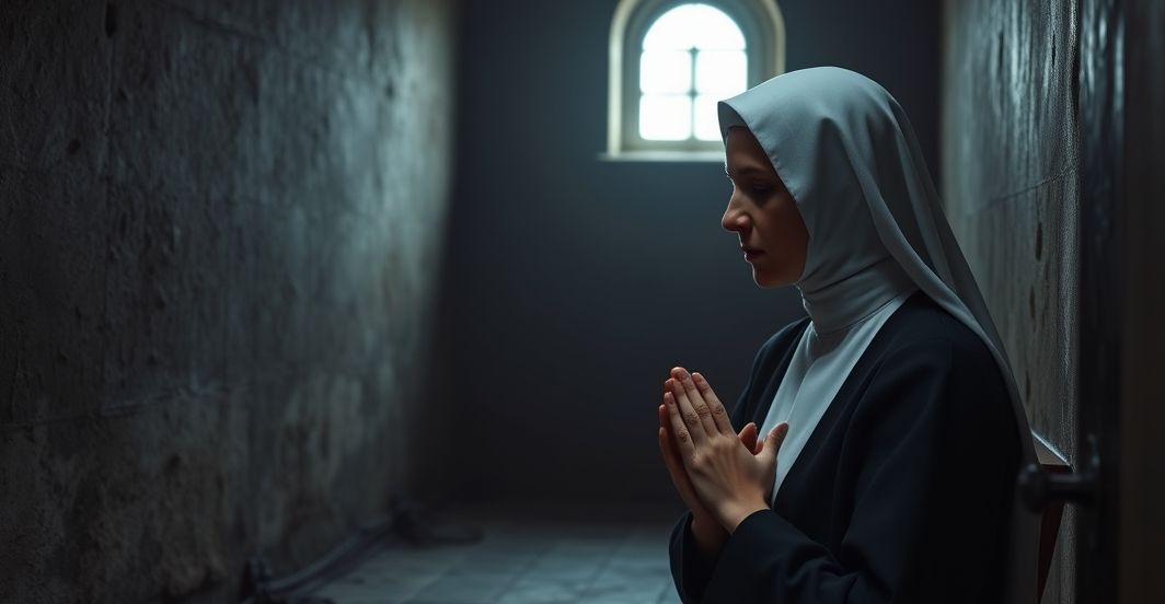 Zakonnica modląca się w celi klasztornej, symbol oddania i męczeństwa w trudnych czasach sowieckiego ucisku, odzwierciedlając tradycyjną katolicką pobożność.