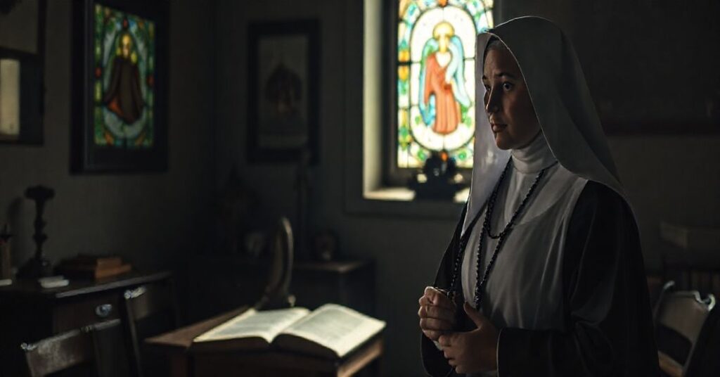 Tradycyjna zakonnica w habitach modli się w klasztorze o tradycyjnym wystroju