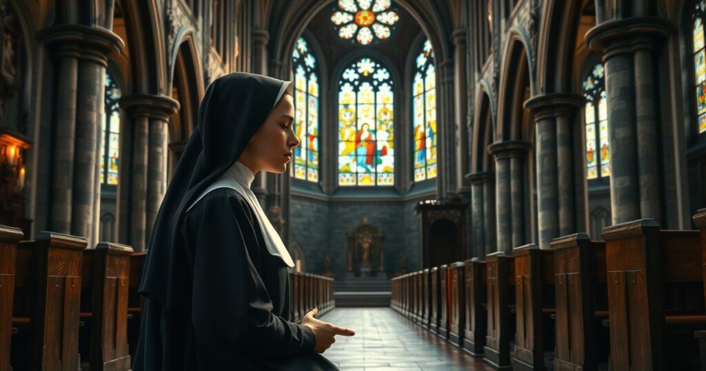 Rezonująca scena katolickiej zakonnicy w modlitwie w kościele, symbolizująca duchową walkę i kryzys wiary wobec modernistycznych zagrożeń
