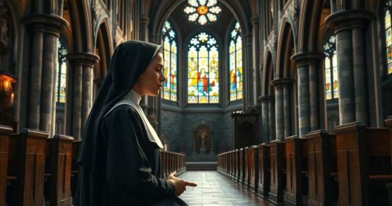 Rezonująca scena katolickiej zakonnicy w modlitwie w kościele, symbolizująca duchową walkę i kryzys wiary wobec modernistycznych zagrożeń
