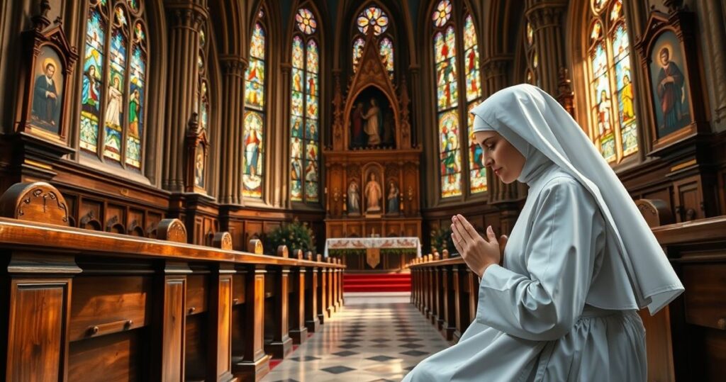 Realistyczne zdjęcie zakonnicy w tradycyjnym habicie modlącej się w kościele, symbolizujące wierność katolickim wartościom i powagę życia zakonnego