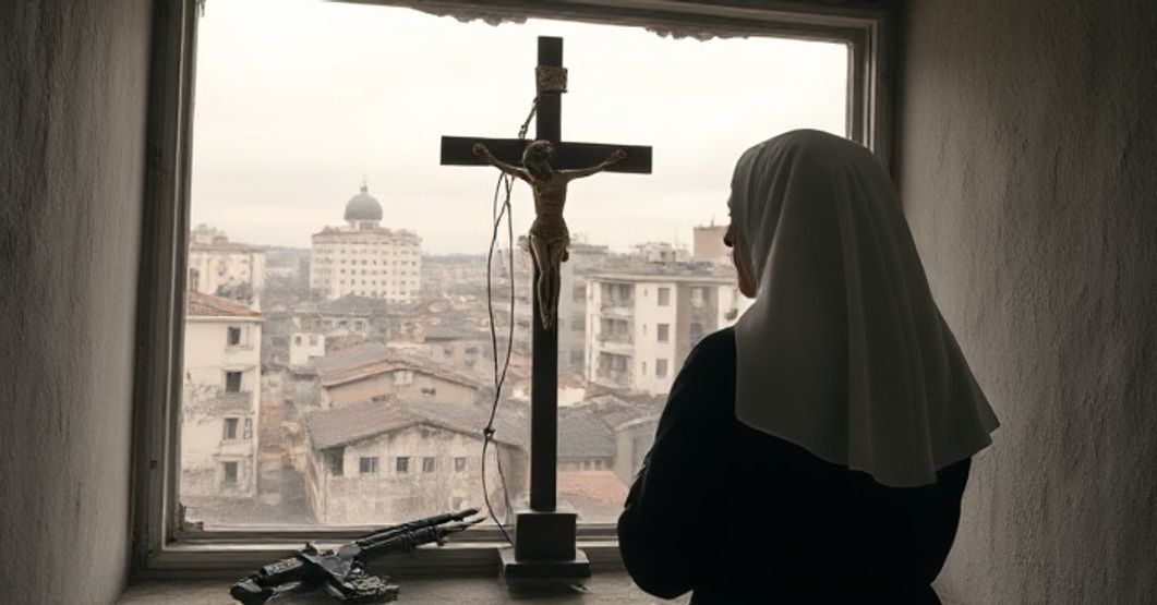 Zdjęcie realistycznej, pełnej szacunku katolickiej zakonnicy modlącej się przed krucyfiksem w kaplicy, z ukraińskim miastem w tle, podkreślające potrzebę Królowania Chrystusa w obliczu kryzysu