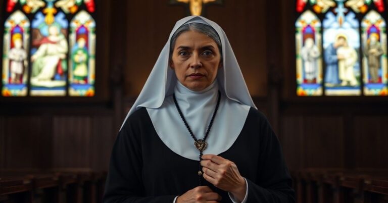 Zakonnica w tradycyjnym habitie stoi w ciemnym kościele, trzymając różaniec, ze smutnym wyrazem twarzy. W tle rozmyte obrazy Żydów otrzymujących pomoc.