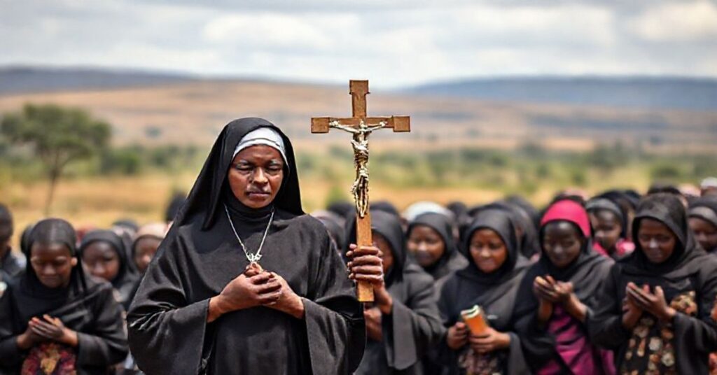 Pogrzebowa procesja katolicka z zakonnicą w habitach czarnych w Kenii, podkreślająca duchową wymowę życia konsekrowanego