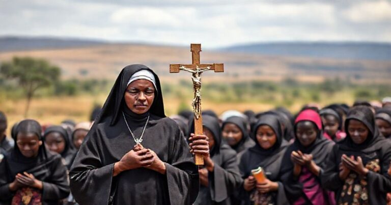 Pogrzebowa procesja katolicka z zakonnicą w habitach czarnych w Kenii, podkreślająca duchową wymowę życia konsekrowanego